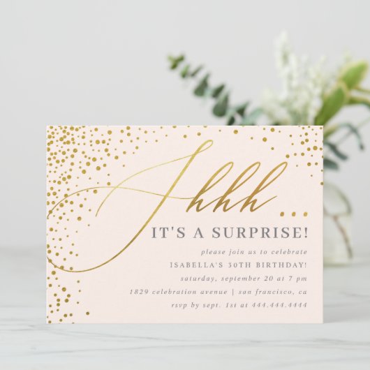 Invitation Jeu de Confetti Rose & Or Blush (Debout devant)