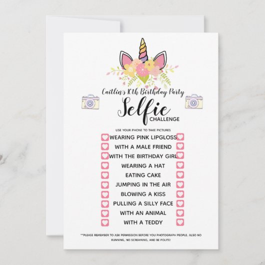 Invitation jeu de défi selfie fête d'anniversaire (Devant)