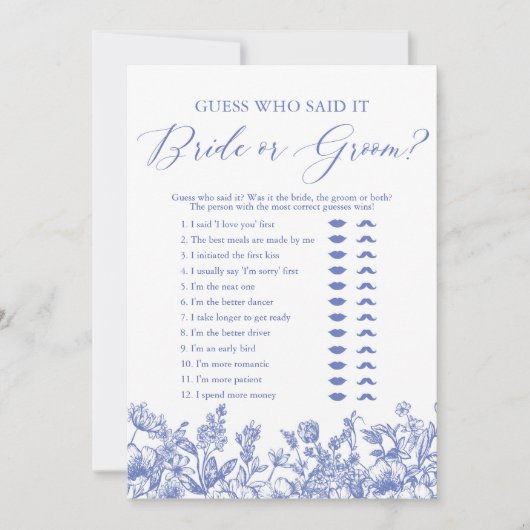 Invitation Jeu de devinette Blue Floral Mariée ou Marié (Devant)