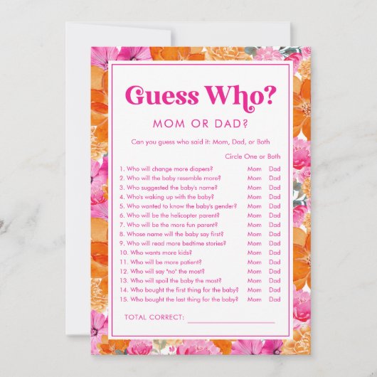 Invitation Jeu de devinette Fête de bébé rose et floral (Devant)