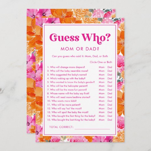 Invitation Jeu de devinette Fête de bébé rose et floral (Devant / Derrière)