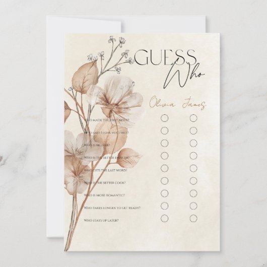Invitation Jeu de devinette floral marron pour mariage (Devant)
