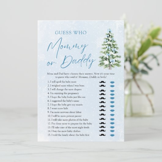 Invitation Jeu de devinette pour bébé shower avec un sapin de (Debout devant)