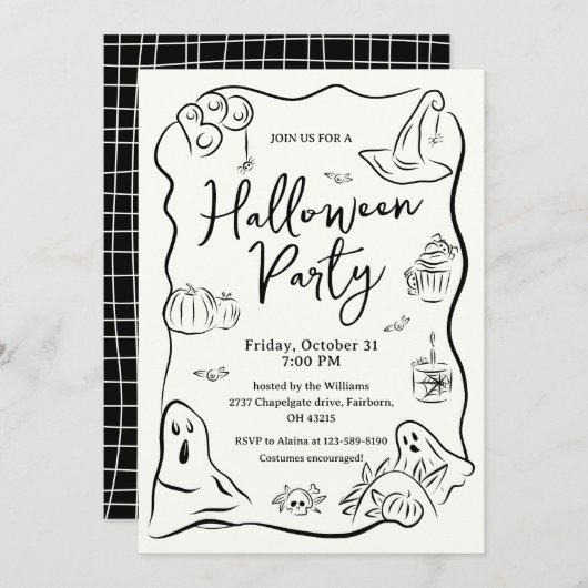 Invitation Jeu de doodle à main ironique pour Halloween (Devant / Derrière)