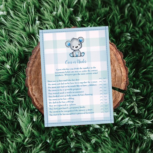 Invitation Jeu de douche «Plus ou Moins» avec un ours gris mi