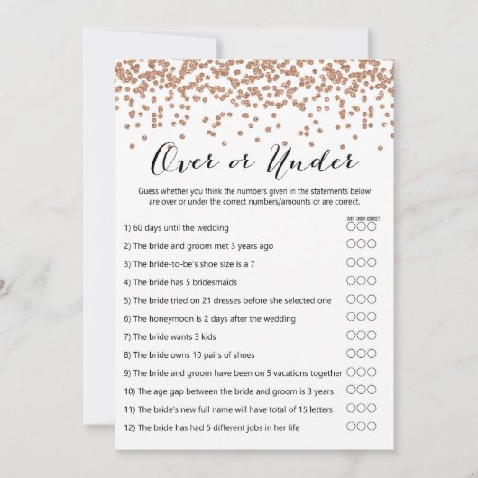 Invitation Jeu de Fête de l'mariée Gold Plus ou Moins Rose 5x (Devant)