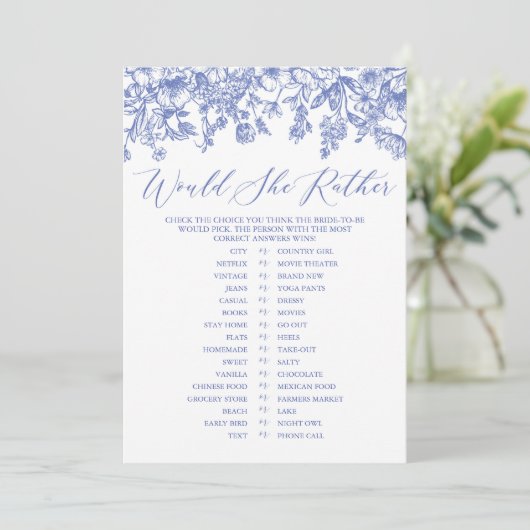 Invitation Jeu de Fête de Mariage "Fleur Bleue" : "Préférerai (Debout devant)