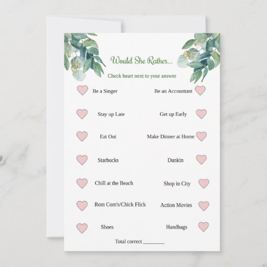 Invitation Jeu de Fête de Mariage : Préfèrerait-Elle (Devant)