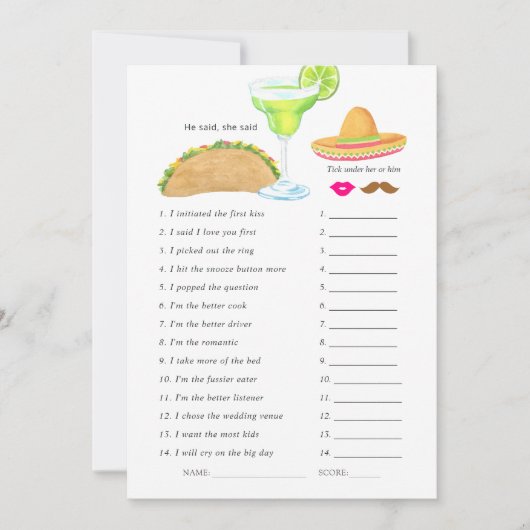Invitation Jeu de Fête de Mariage sur le Thème de Taco Fiesta (Devant)