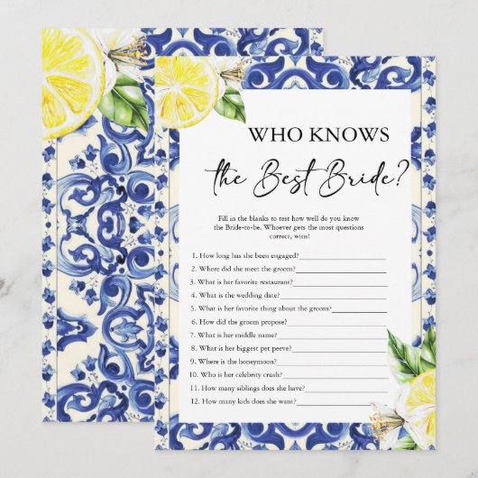 Invitation Jeu de Fête des mariées au citron floral méditerra (Devant / Derrière)