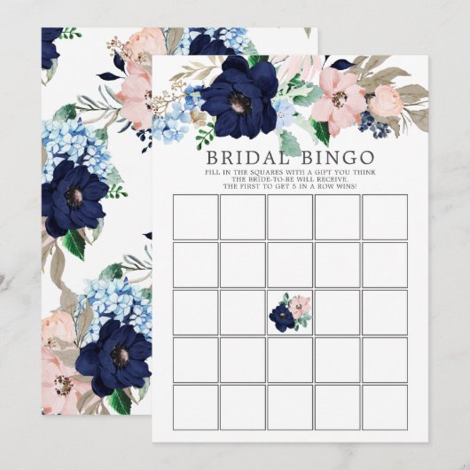 Invitation Jeu de Fête des mariées BINGO Floral Navy & Blush (Devant / Derrière)