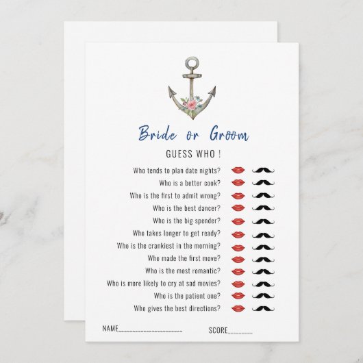 Invitation Jeu de Fête des mariées d'Ancres nautiques "Devine (Devant / Derrière)