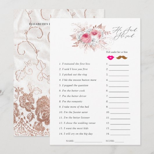 Invitation Jeu de Fête des mariées Floral et dentelle (Devant / Derrière)