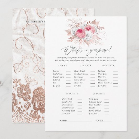 Invitation Jeu de Fête des mariées Floral et dentelle (Devant / Derrière)