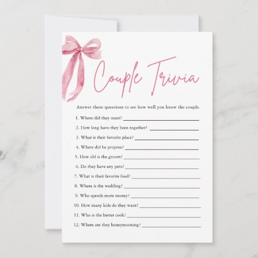 Invitation Jeu de Fête des mariées Trivia Push Pink Bow Coupl (Devant)