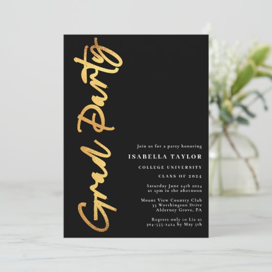 Invitation Jeu de graduation Black Gold Script moderne (Debout devant)