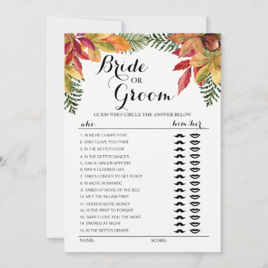 Invitation Jeu de la mariée ou du marié editable feuillage d' (Devant)