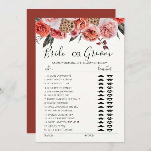 Invitation Jeu de mariage fleurs en terre cuite boho (Devant / Derrière)