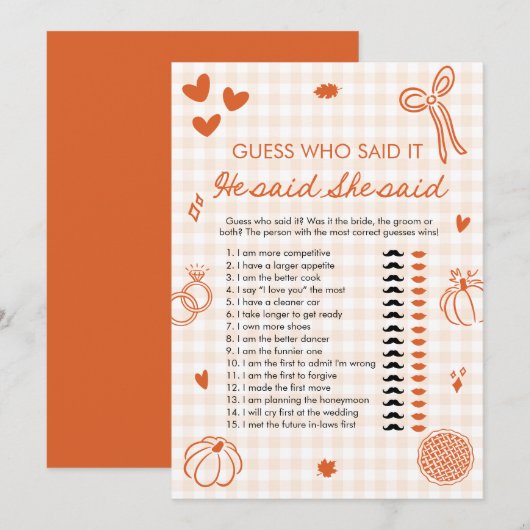 Invitation Jeu de mariage Orange Fall He Said She Said Bride (Devant / Derrière)