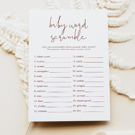 Invitation Jeu de mots mêlés bébé CORIANDER Boho Rust Invitat