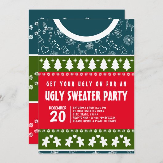 Invitation Jeu de Noël bleu moderne et vert rouge et moche do (Devant / Derrière)