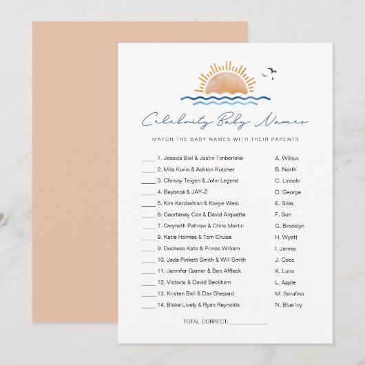 Invitation Jeu de Noms de Bébés Célébrités de Plage OCEANSIDE (Devant / Derrière)