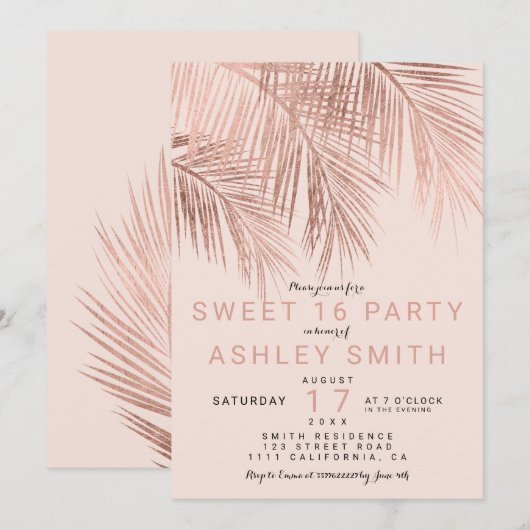 Invitation Jeu de palmier d'or rose faux moderne Sweet 16 (Devant / Derrière)