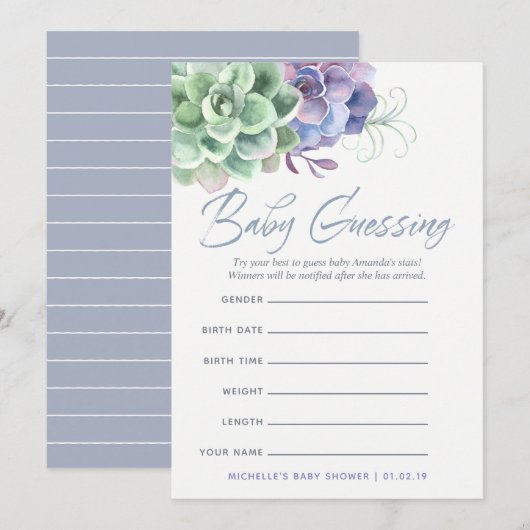 Invitation Jeu de prédictions bébé Succulents aquarelle (Devant / Derrière)