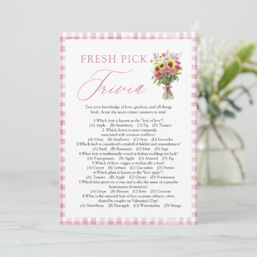 Invitation Jeu de quiz de douche de mariage Rose Gingham Fres (Debout devant)