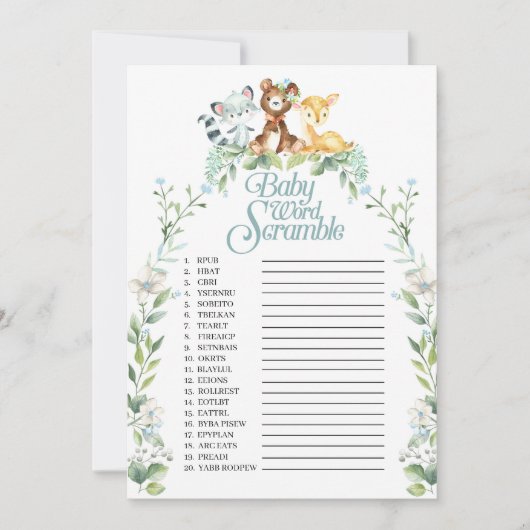 Invitation Jeu de rugissement de mots de Baby shower Woodland (Devant)