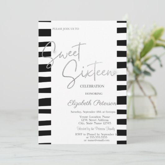 Invitation Jeu de script en argent rayé noir doux 16 (Debout devant)