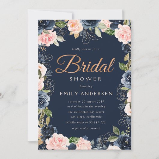 Invitation Jeu de script moderne et douche nuptiale marine (Devant)