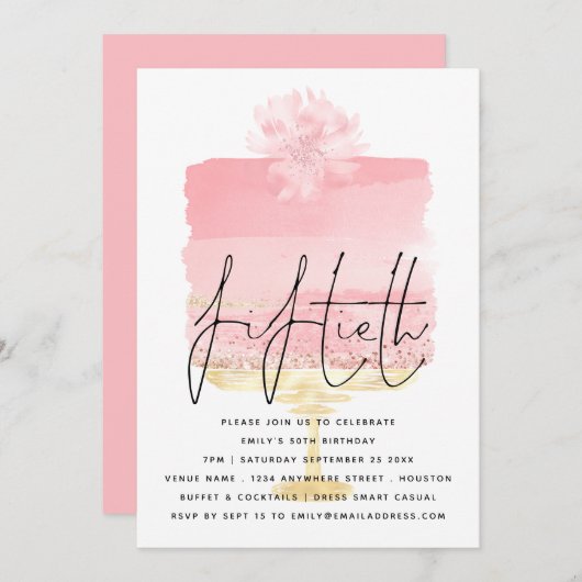 Invitation Jeu de script rose moderne superposition 50e anniv (Devant / Derrière)