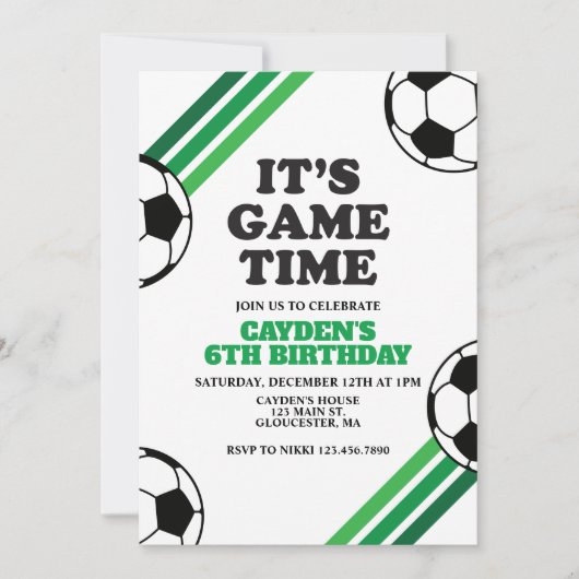 Invitation Jeu de soccer Heure Green Stripes Anniversaire (Devant)