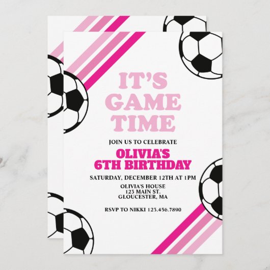 Invitation Jeu de soccer Heure Pink Striday (Devant / Derrière)