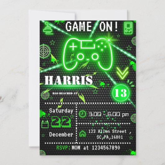 Invitation Jeu de Tag Neon Green Laser Anniversaire (Devant)