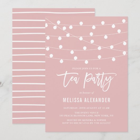 Invitation Jeu de thé rose Whimsical (Devant / Derrière)