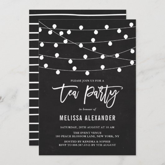 Invitation Jeu de thé Rustique Chalkboard Hanging String Lumi (Devant / Derrière)