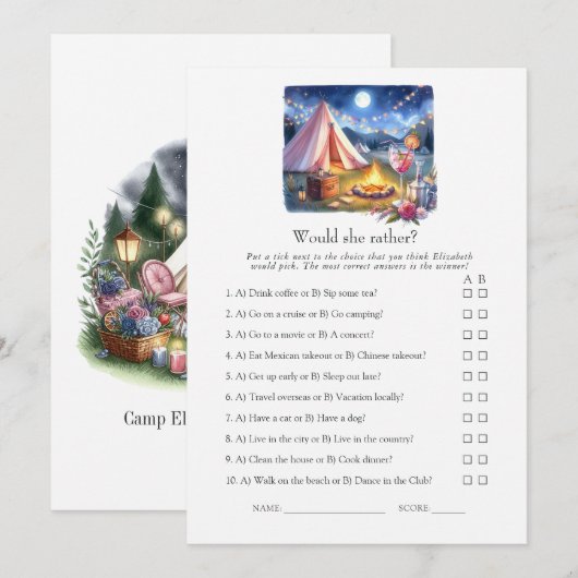 Invitation Jeu de week-end de bachelorette en camping "Would  (Devant / Derrière)