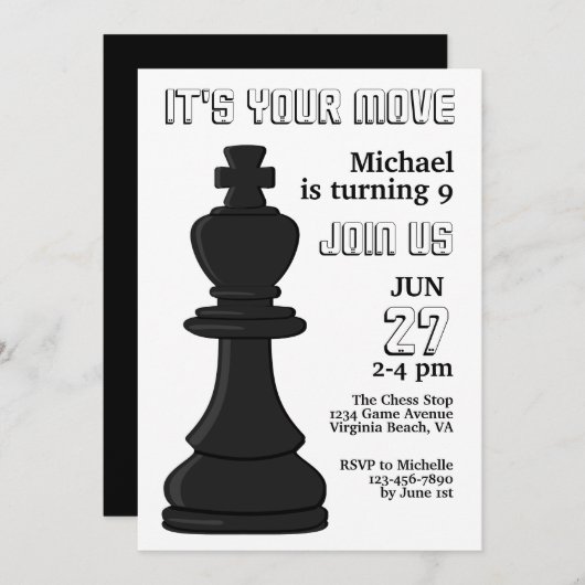 Invitation Jeu d'échecs noir et blanc moderne King Anniversai (Devant / Derrière)