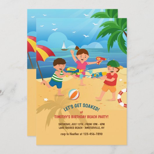Invitation Jeu d'enfants à l'invitation de plage (Devant / Derrière)