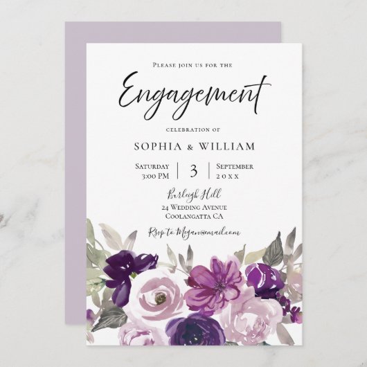 Invitation Jeu d'engagement floral violet hiver (Devant / Derrière)