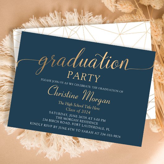 Invitation Jeu d'or tendance Navy Blue Graduation Party