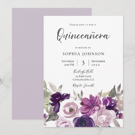 Invitation Jeu Floral de lavande violette en hiver Quinceaner (Devant / Derrière)