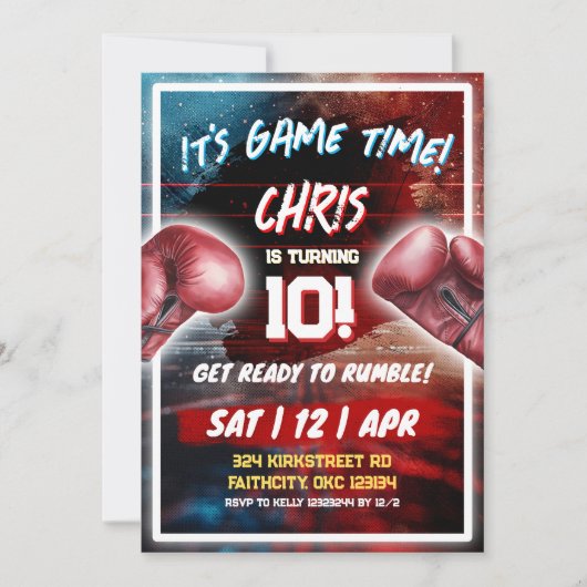 Invitation Jeu Heure Boxe Thème Anniversaire (Devant)