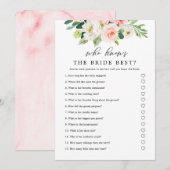 Invitation Jeu imprimable floral rose Qui connaît la mariée (Devant / Derrière)