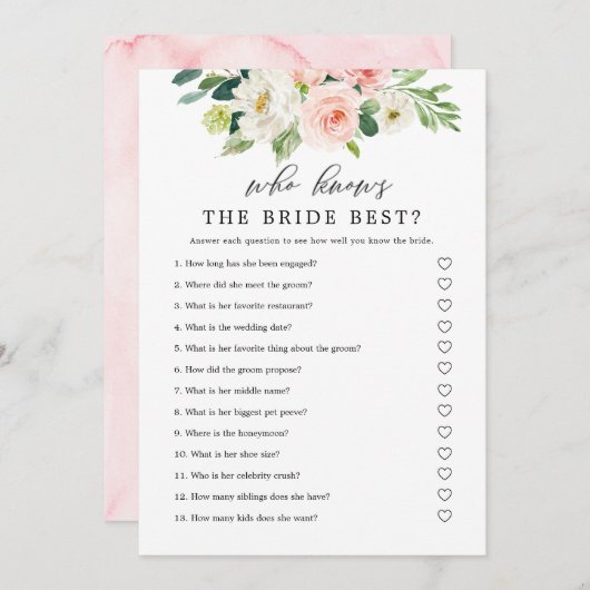 Invitation Jeu imprimable Qui connaît la mariée à floraison r (Devant / Derrière)