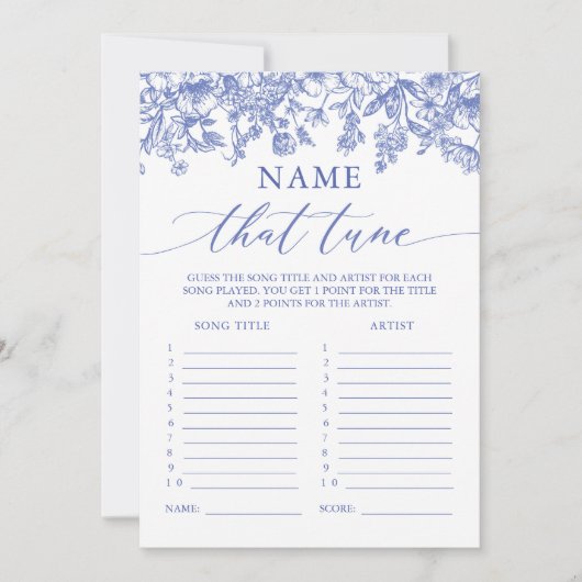 Invitation Jeu Mariage Blue Floral Devinez Cette Chanson (Devant)