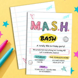 Invitation Jeu MASH Fête d'anniversaire 90s Retro MASH Bash