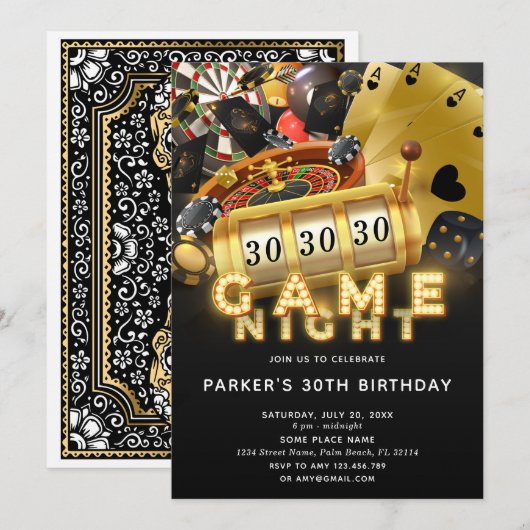 Invitation Jeu Nuit Anniversaire Fête Black Gold (Devant / Derrière)